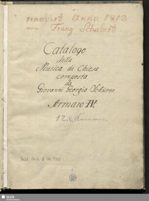 Catalogo della Musica di Chiesa - Bibl.Arch.III.Hb,Vol.790 : composta di Joh. Georg Schürer. Armaro IV.