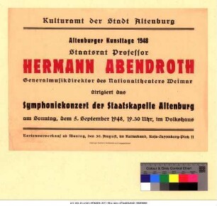Originaltitel: Altenburger Kunsttage 1948 Staatsrat Professor Hermann Abendroth Generalmusikdirektor des Nationaltheaters Weimar dirigiert das Symphoniekonzert der Staatskapelle Altenburg