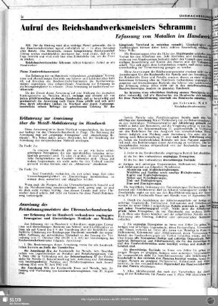 Aufruf des Reichshandwerksmeisters Schramm: : Erfassung von Metallen im Handwerk!
