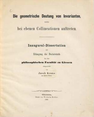 Die geometrische Deutung von Invarianten, welche bei ebenen Collineationen auftreten