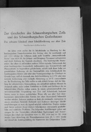 Zur Geschichte des Schauenburgischen Zolls und des Schauenburgischen Grafenhauses : Das seltsame Schicksal einer Schuldforderung aus alter Zeit