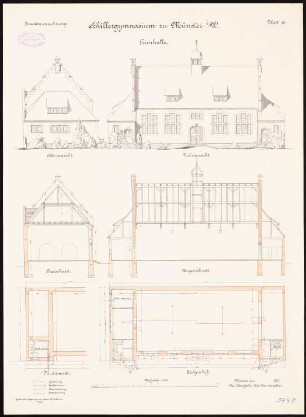 Schillergymnasium, Münster: Turnhalle: Grundriss Fundamente, Erdgeschoss, Aufriss Vorderansicht, Seitenansicht, Längsschnitt, Querschnitt 1:100