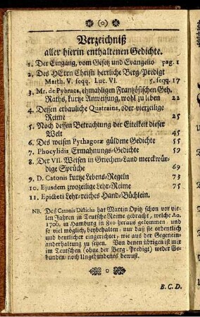 Verzeichniß aller hierin enthaltenen Gedichte.