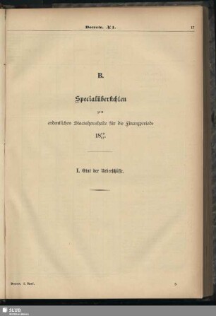 B. Specialübersichten zum ordentlichen Staatshaushalte für die Finanzperiode 1880/81