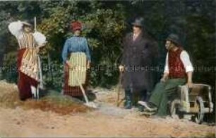 Paare in russisch-polnischer Volkstracht bei der Feldarbeit (zweisprachig)