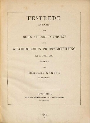 Festrede im Namen der Georg-Augusts-Universität zur akademischen Preisverteilung : am 4. Juni 1890