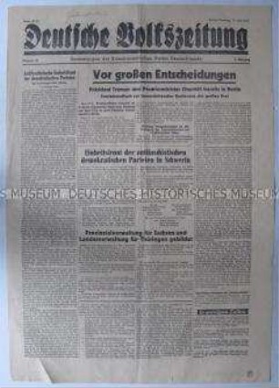 Titelblatt der Tageszeitung der KPD "Deutsche Volkszeitung" zur Berliner (Potsdamer) Konferenz der Alliierten