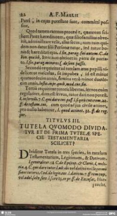 Titulus III. Tutela Quomodo Dividatur Et De Prima Tutelae Specie Testamentaria Sciliget?