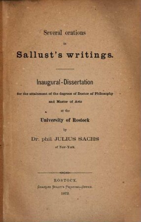 Several Orations in Sallust's Writings : Inaugural-Dissertation