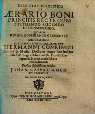 Dissertatio Politica De Aerario Boni Principis Recte Constituendo Augendo Et Conservando