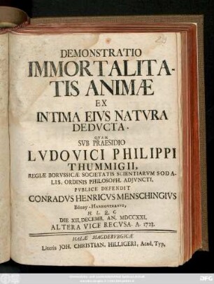 Demonstratio Immortalitatis Animæ Ex Intima Eivs Natvra Dedvcta,