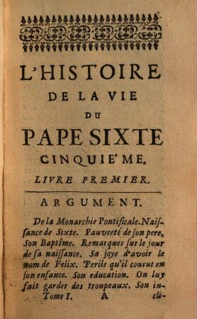 L' Histoire De La Vie Du Pape Sixte Cinquieme. 1