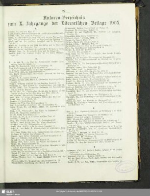 Autoren-Verzeichnis zum [I]X. Jahrgange der Literarischen Beilage 1905