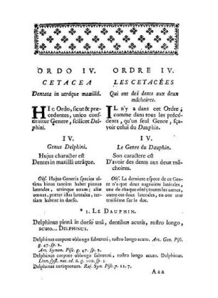Ordo IV. Cetacea dentata in utrâque maxillâ. - Ordre IV. Les Cetacées qui ont des dents aux deux mâchoires