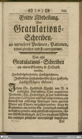 Dritte Abtheilung, Von Gratulations-Schreiben, an vornehme Personen, Patronen, seines gleichen und Frauenzimmer