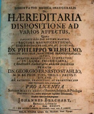 Dissertatio Medica Inauguralis De Hæreditaria Dispositione Ad Varios Affectus