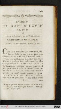 Epistola 10. Dan. ab Hoven P. P. et O, ad virum amplissimum et consultissimum Gerhardum Meermann civitatis Roterdamensis syndicum etc.