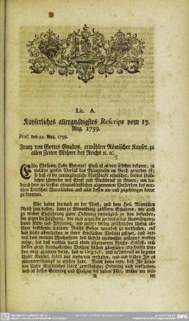 Lit. A. Kayserliches allergnädigstes Rescript vom 13. Aug. 1759