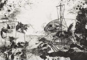 Konstruktive Küstenlandschaft mit Boot, 2 Fischen und Häusern