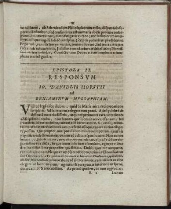 Epistola II. Responsum Jo. Danielis Horstii ad Benjaminum Mussaphiam.