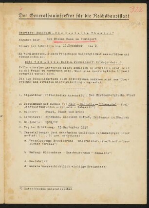 Königliches Hoftheater kleines Haus, Stuttgart: Fragebogen für das Handbuch »Das Deutsche Theater«, vierseitiges Dokument