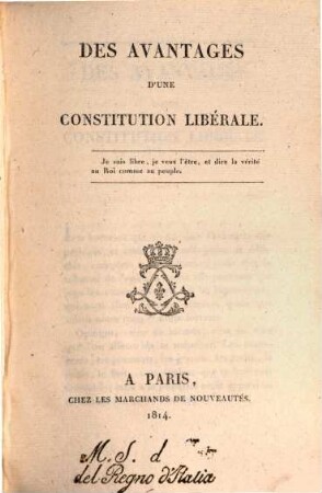 Des avantages d' une constitution libérale