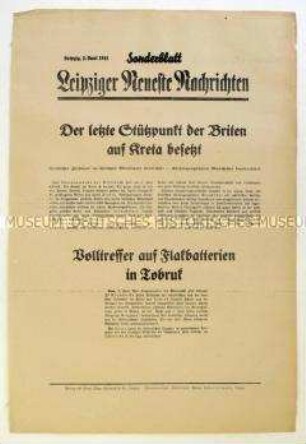 Sonderblatt der "Leipziger Neuesten Nachrichten" zur vollständigen Besetzung Kretas durch die Wehrmacht