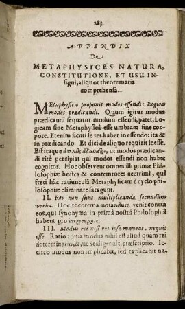 Appendix De Metaphysices Natura, Constitutione, Et Usu Insigni, aliquot theorematis comprehensa.