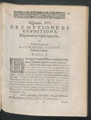 Disputatio VII. De Emptione Et Venditione ... Respondente Balthasare Gloxin ...