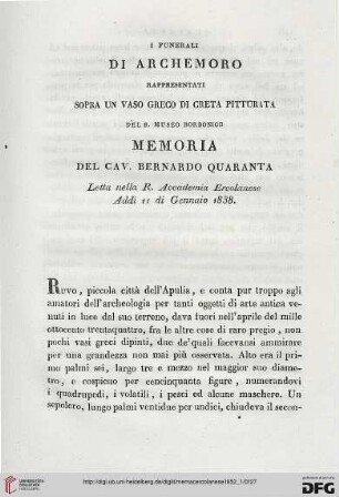 4: I funerali di Archemoro rappresentati sopra un vaso greco di Creta pitturata del R. Museo Borbonico : memoria