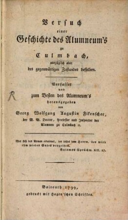 Versuch einer Geschichte des Alumneums zu Culmbach