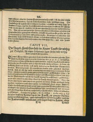 Caput VII. Die Augsb. Confession hält die Kinder Tauffe für nöthig zur Seeligkeit ...