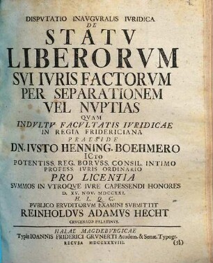 Dispvtatio Inavgvralis Ivridica De Statv Liberorvm Svi Ivris Factorvm Per Separationem Vel Nvptias