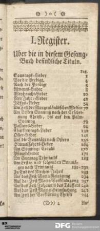 I. Register. Uber die in diesem Gesang-Buch befindliche Tituln.