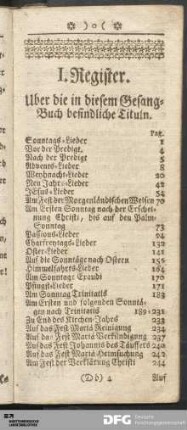 I. Register. Uber die in diesem Gesang-Buch befindliche Tituln.