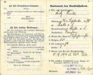 Landsturm-Militärpass des Landsturm-Rekruten Fritz Kunter