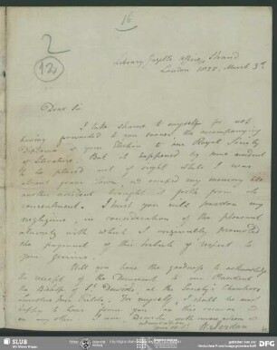 Eigenh. Brief von William Jerdan an August Wilhelm von Schlegel, London, 03.03.1825
