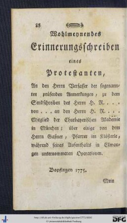 Wohlmeynendes Erinnerungsschreiben eines Protestanten.