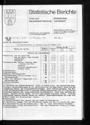 Verbraucherpreise in Hamburg Juli und August 1976 : Lfd. Nr. 9