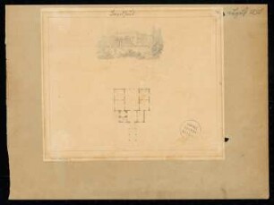 Landhaus Monatskonkurrenz August 1830: Grundriss Erdgeschoss, perspektivische Ansicht; Maßstabsleiste