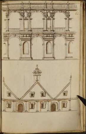 Langhauswand mit Arkaden und Empore (oben) sowie Herberge in der Privatstadt Leszno des Bogusław Leszczyński