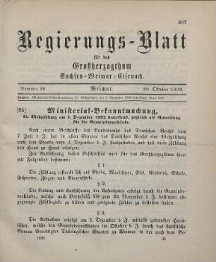 95. Ministerial-Bekanntmachung, die Viehzählung am 1. Dezember 1892 betreffend
