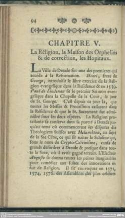 Chapitre V. La Réligion, la Maison des Orphelins & de correction, les Hopitaux