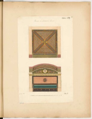 Dekoration der Vereinskneipe Monatskonkurrenz November 1869: Deckenuntersicht, Aufriss einer Sitznische; Maßstabsleiste