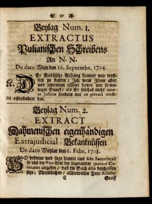 Beylag Num. 1. Extractus Pulianischen Schreibens An N. N.