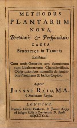 Methodus Plantarum Nova : Brevitatis & Perspicuitatis Causa Synoptice in Tabulis Exhibita ; Cum notis Generum tum summorum tum subalternorum Characteristicis ...