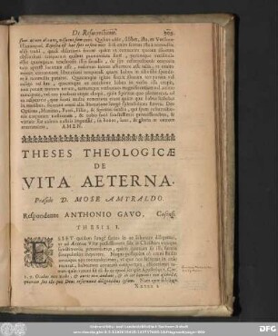 Theses Theologicae De Vita Aeterna. Praeside D. Mose Amyraldo. Respondente Anthonio Gavo, Casensi.