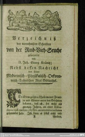 Verzeichniß der vornehmsten Schriften von der Rind-Vieh-Seuche