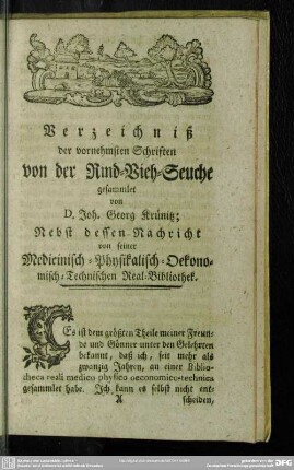 Verzeichniß der vornehmsten Schriften von der Rind-Vieh-Seuche