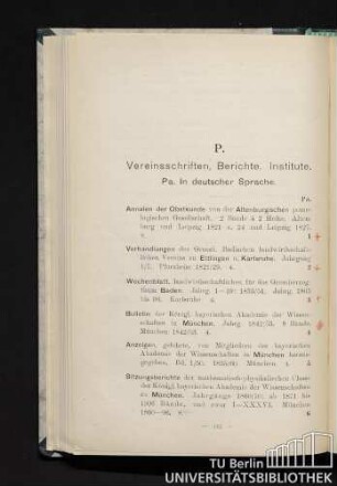 P. Vereinsschriften, Berichte, Institute.